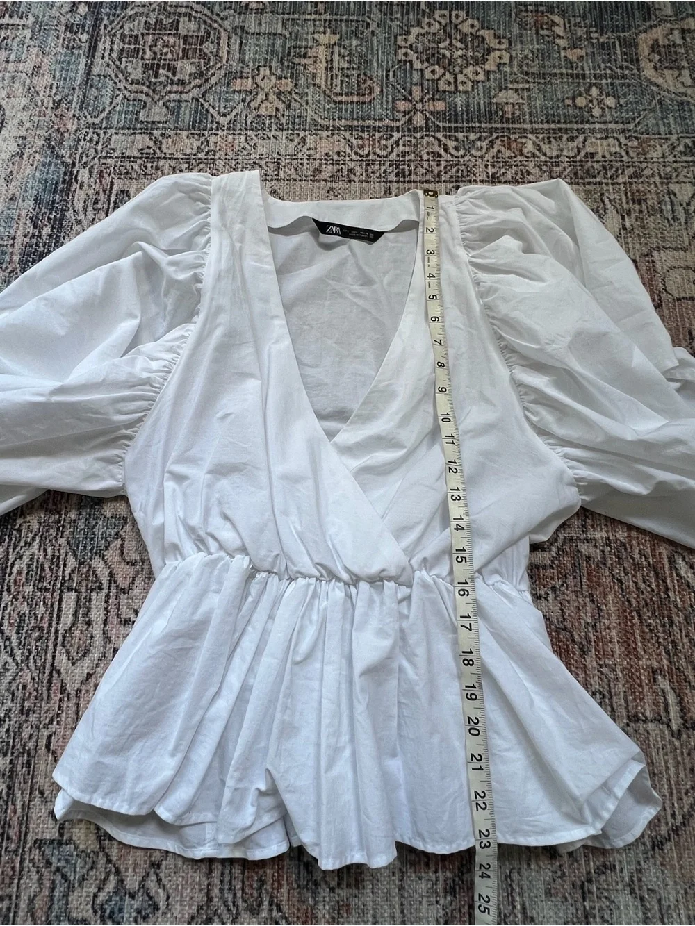 Zara White V-Neck Peplum Puff-Sleeve Blouse 100% Cotton Size Large